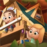 Toddlers hanging out in a tree house, playing around with their dad in a personalized story from Dad's Father's Day gift..