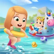 Children splashing around in the water with dad nearby from a custom book for Daddies. 