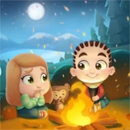 Children making up spooky stories with daddy near a campfire in the woods, from the best personalized bestseller for dads.