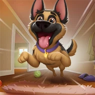 A cartoon dog running to greet you at the door, a page from a personalized dog book.
